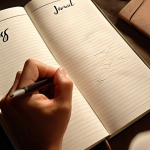 **

A person writing in a journal with a calm expression, surrounded by soft lighting, with the words "Feelings Journal" elegantly displayed above.

**