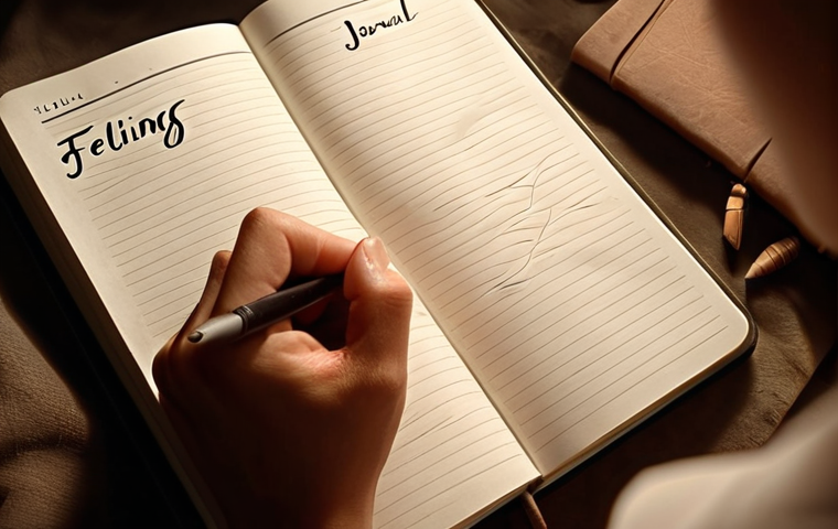 **
A person writing in a journal with a calm expression, surrounded by soft lighting, with the words "Feelings Journal" elegantly displayed above.
**