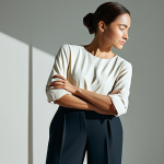 A serene professional woman in a modest, elegant top and trousers, standing in a softly lit, tranquil modern studio. Her pose is natural and contemplative, gently embracing her own arms as if in a moment of profound self-acceptance and inner peace. Subtle, artistic shadows play around her, symbolizing acknowledged imperfections now integrated into a harmonious whole. The atmosphere is peaceful and introspective. fully clothed, appropriate attire, safe for work, perfect anatomy, correct proportions, natural pose, well-formed hands, proper finger count, natural body proportions, professional photography, high quality, family-friendly.