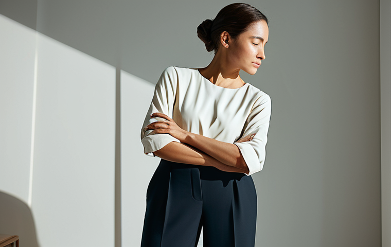 A serene professional woman in a modest, elegant top and trousers, standing in a softly lit, tranquil modern studio. Her pose is natural and contemplative, gently embracing her own arms as if in a moment of profound self-acceptance and inner peace. Subtle, artistic shadows play around her, symbolizing acknowledged imperfections now integrated into a harmonious whole. The atmosphere is peaceful and introspective. fully clothed, appropriate attire, safe for work, perfect anatomy, correct proportions, natural pose, well-formed hands, proper finger count, natural body proportions, professional photography, high quality, family-friendly.