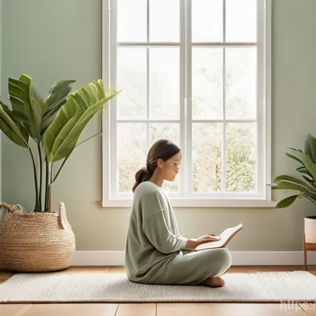 자기 수용을 위한 긍정적 환경 만들기 - **A Serene Personal Retreat:** A cozy, minimalist room bathed in soft, warm natural light streaming ...