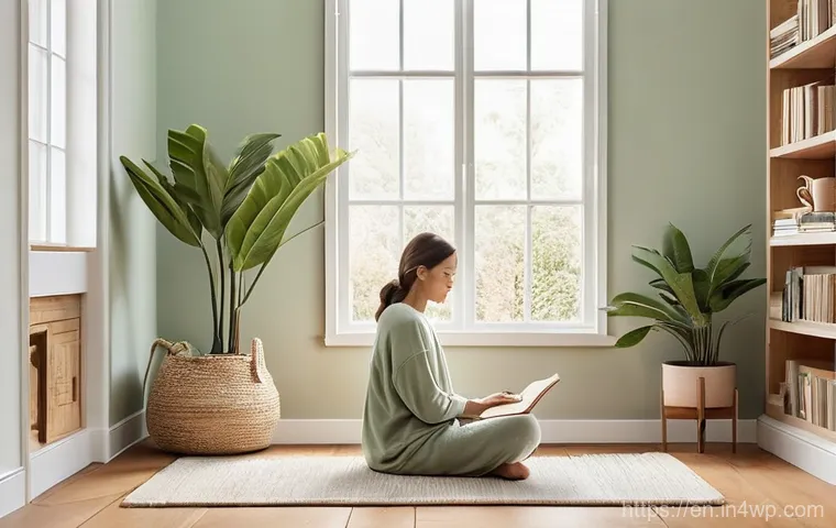 자기 수용을 위한 긍정적 환경 만들기 - **A Serene Personal Retreat:** A cozy, minimalist room bathed in soft, warm natural light streaming ...