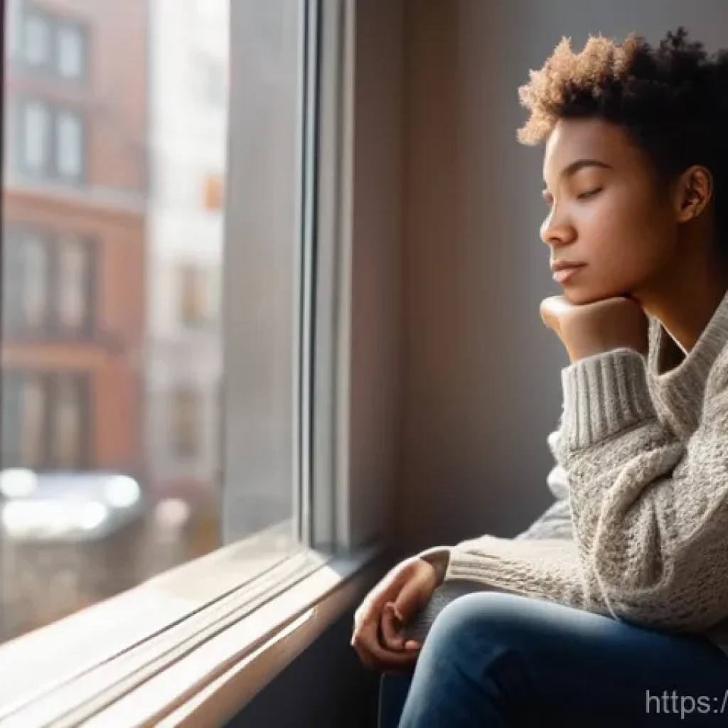 자기 수용 심화 실천을 위한 워크숍 안내 - **Prompt 1: Quiet Reflection Amidst Overwhelm**
A young adult, appearing reflective and a bit we...