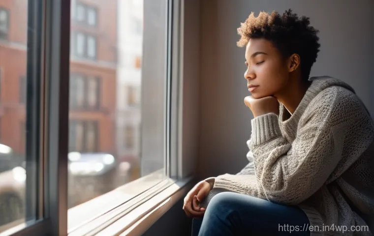 자기 수용 심화 실천을 위한 워크숍 안내 - **Prompt 1: Quiet Reflection Amidst Overwhelm**
A young adult, appearing reflective and a bit we...