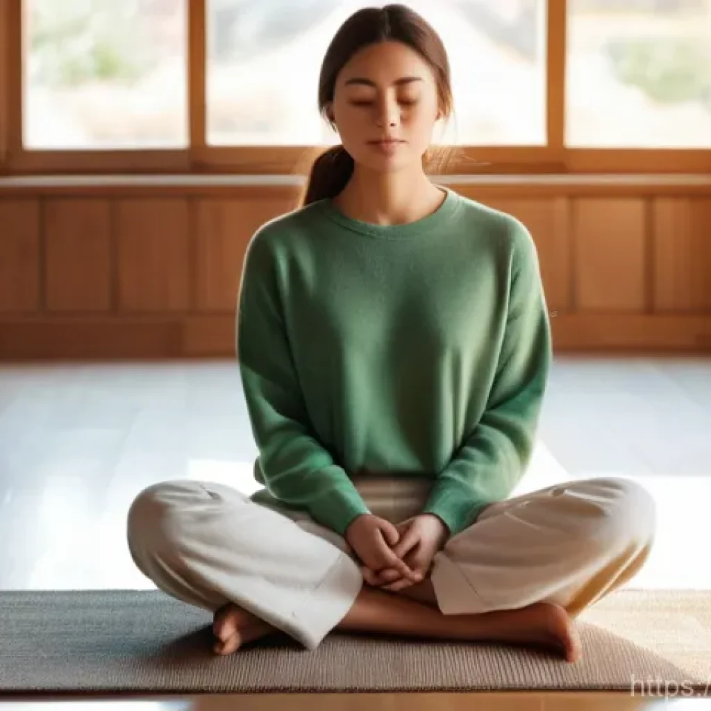 자기 수용 심화 실천을 위한 전략 모색하기 - A young woman in her late twenties, with a peaceful expression, is seated cross-legged on a comforta...