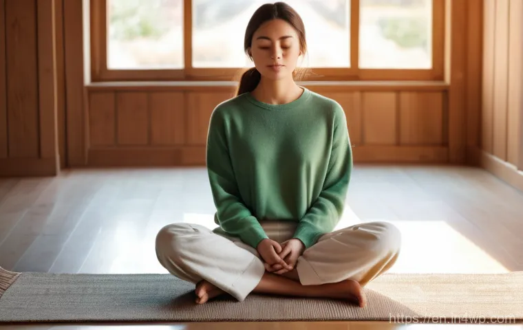 자기 수용 심화 실천을 위한 전략 모색하기 - A young woman in her late twenties, with a peaceful expression, is seated cross-legged on a comforta...