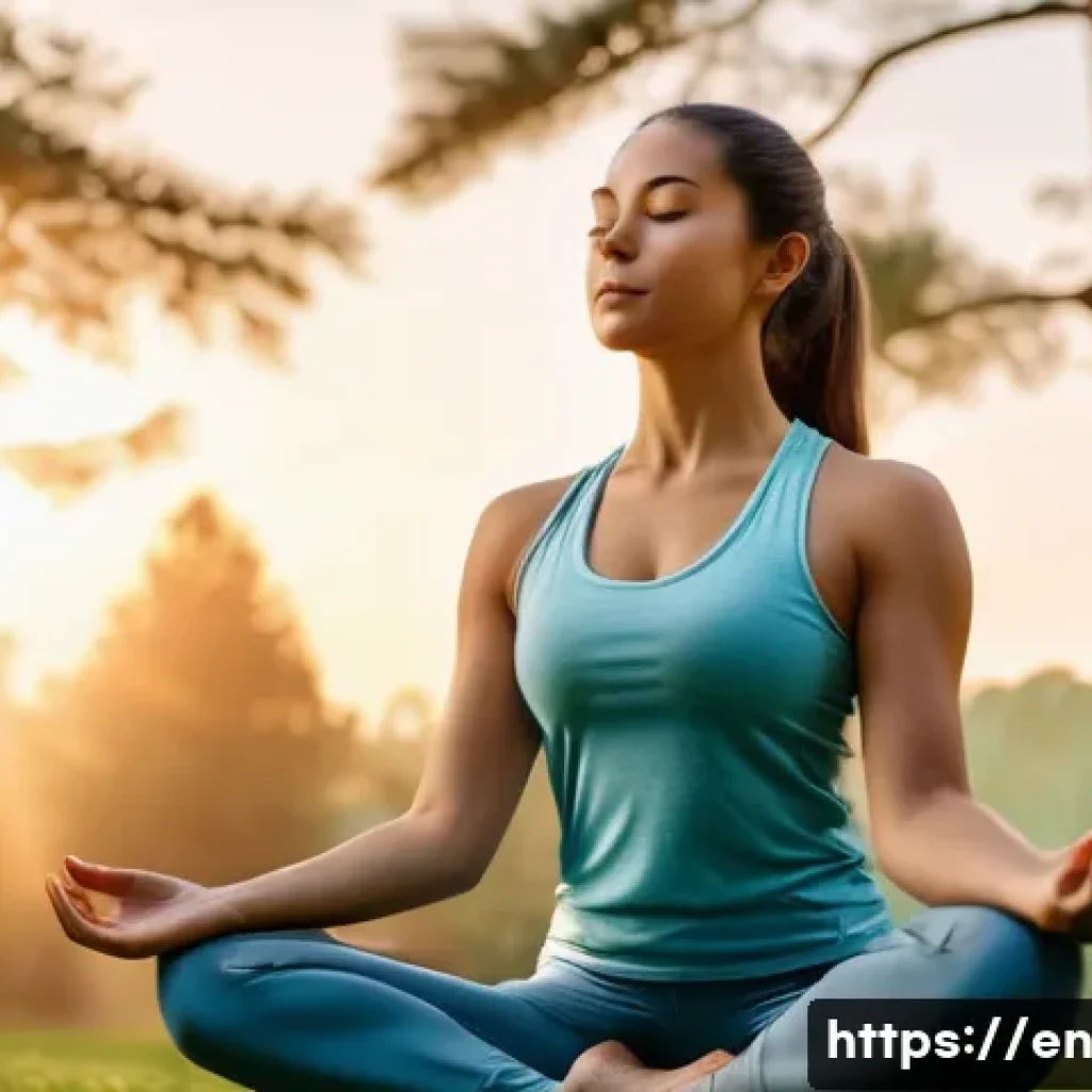 자기 수용을 위한 운동과 신체 활동 - A serene scene of a young woman practicing yoga outdoors during sunrise, wearing comfortable athleti...