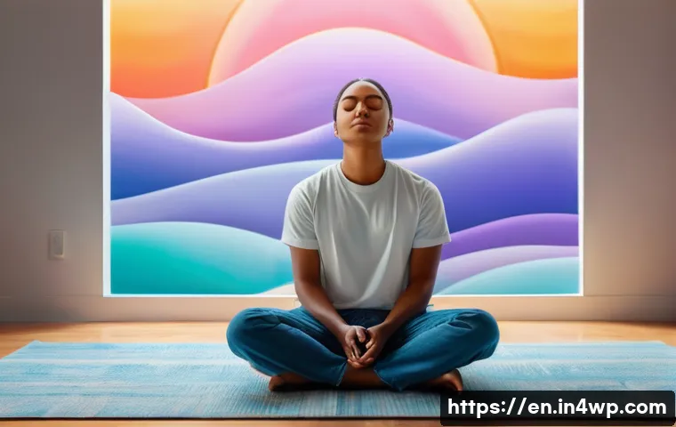 자기 수용을 위한 긍정적 상상력 키우기 - A serene and introspective scene of a person sitting cross-legged in a softly lit room, eyes closed ...