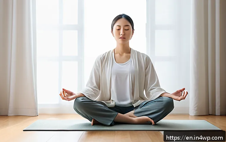 자기 수용의 중요성에 대한 연구 논문 - A serene and contemplative individual sitting cross-legged on a wooden floor in a softly lit room, e...