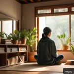 Home 20 자기 수용의 개념과 중요성에 대해 - A serene and introspective scene featuring a young adult sitting cross-legged in a cozy, softly lit ...