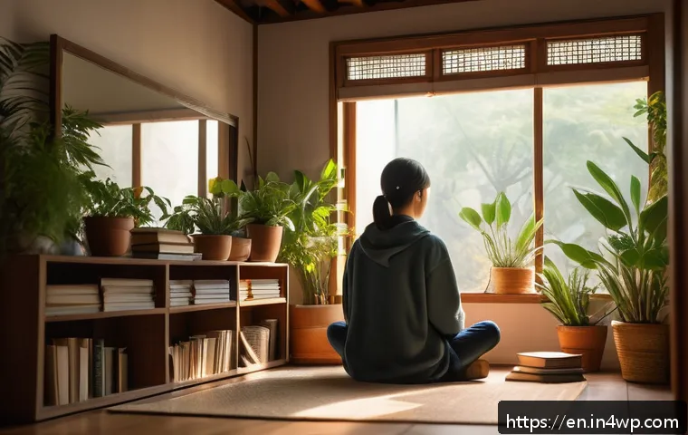 자기 수용의 개념과 중요성에 대해 - A serene and introspective scene featuring a young adult sitting cross-legged in a cozy, softly lit ...