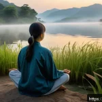 Home 19 자기 수용을 위한 인생의 의미 찾기 - A serene, contemplative scene of a young adult sitting peacefully by a quiet lake at dawn, eyes clos...