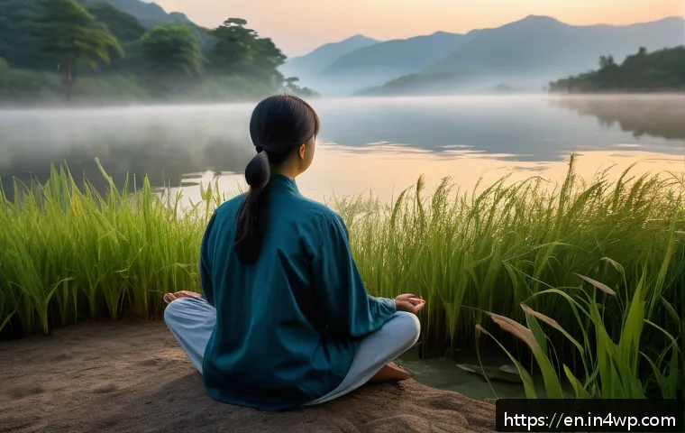 자기 수용을 위한 인생의 의미 찾기 - A serene, contemplative scene of a young adult sitting peacefully by a quiet lake at dawn, eyes clos...