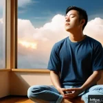 Home 18 자기 수용을 위한 자기 비판 극복하기 - A serene and introspective scene of a young adult sitting cross-legged in a sunlit room, eyes closed...