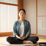 Home 23 자기 수용을 위한 의사소통 기술 - A serene and cozy indoor scene showing a young adult sitting cross-legged in a quiet, softly lit roo...