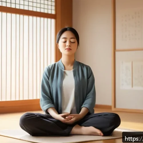 Home 17 자기 수용을 위한 의사소통 기술 - A serene and cozy indoor scene showing a young adult sitting cross-legged in a quiet, softly lit roo...