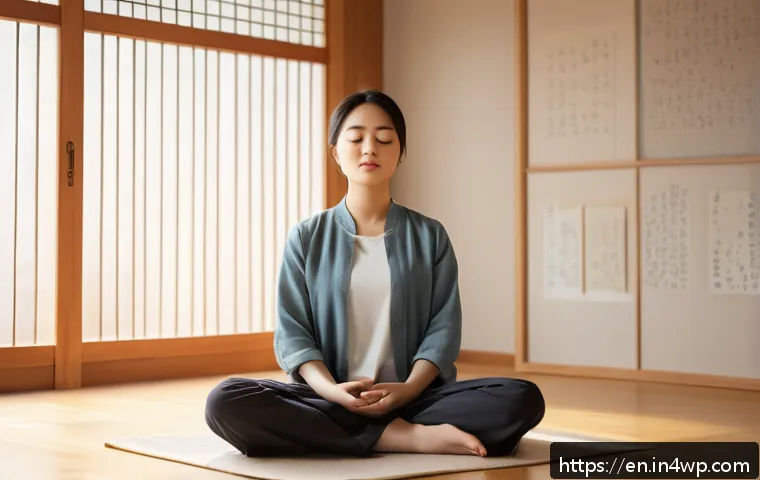 자기 수용을 위한 의사소통 기술 - A serene and cozy indoor scene showing a young adult sitting cross-legged in a quiet, softly lit roo...