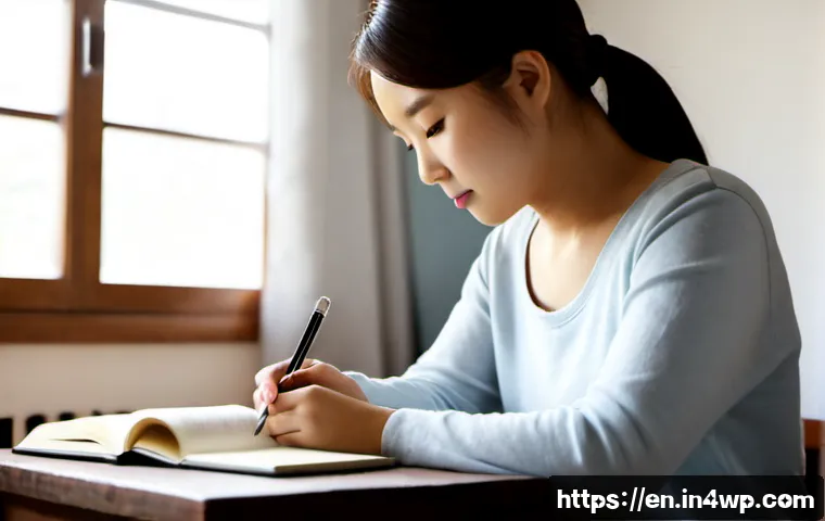 Home 17 자기 수용 심화 실천을 위한 일기 작성법 - Photorealistic morning self-reflection scene, a calm adult seated at a sunlit wooden desk writing in...